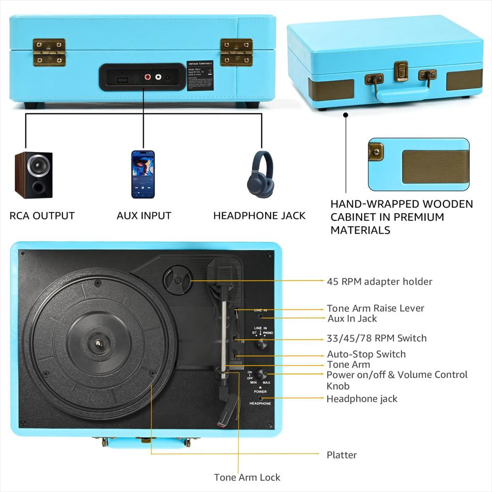 Tocadiscos Portátil Retroaudio Tipo Maleta Bluetooth 3 Velocidades Azul img #5
