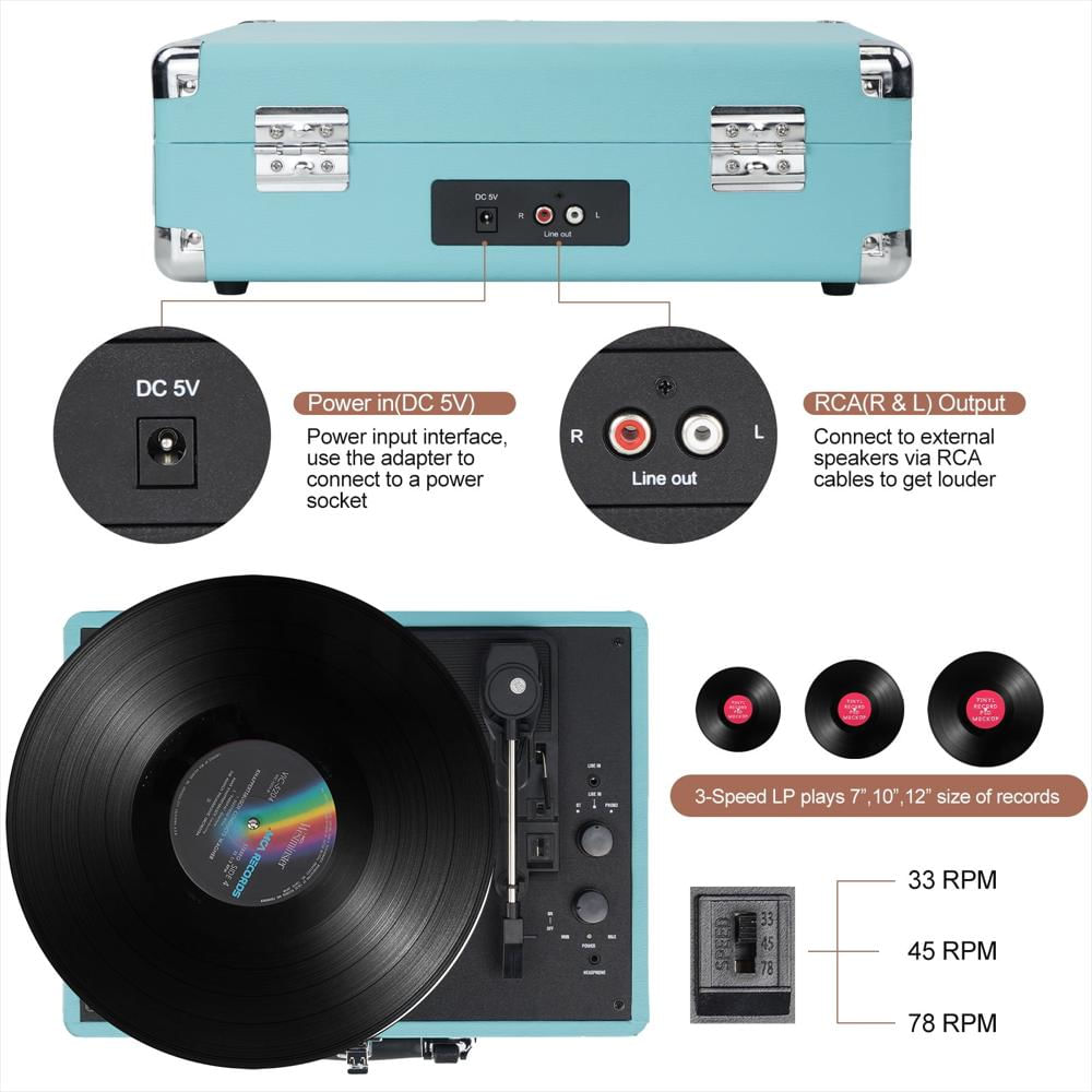 Tocadiscos Portátil Digitnow Tipo Maleta Bluetooth 3 Velocidades Azul img #2