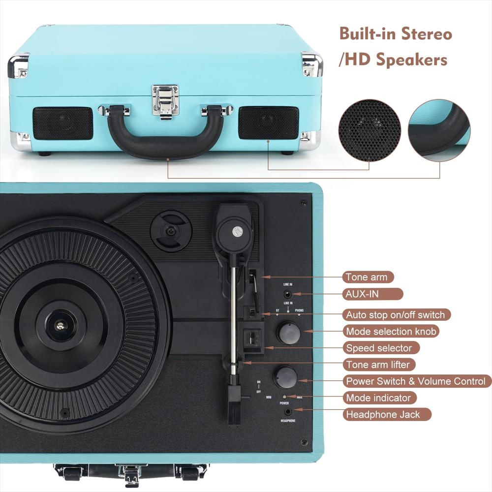 Tocadiscos Portátil Digitnow Tipo Maleta Bluetooth 3 Velocidades Azul img #3