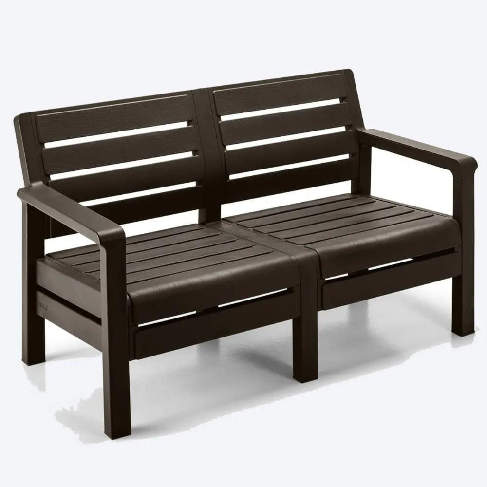 Juego De Sala En Plastico Para Exteriores De Sofá Doble Puesto Mas Mesa Rectangular Color Marron Oscuro img #1