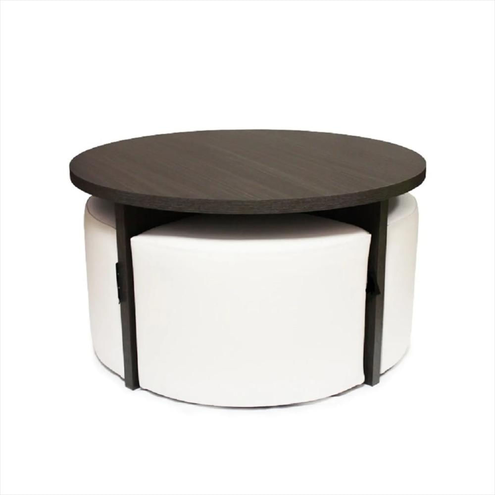 Mesa De Centro Redonda Color Marron Oscuro Con Puff Auxiliares img #1