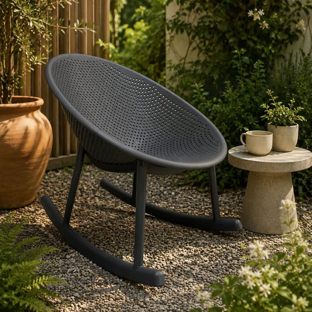 Silla Mecedora Con Espaldar Curvo Microperforado En Polipropileno Color Gris img #3