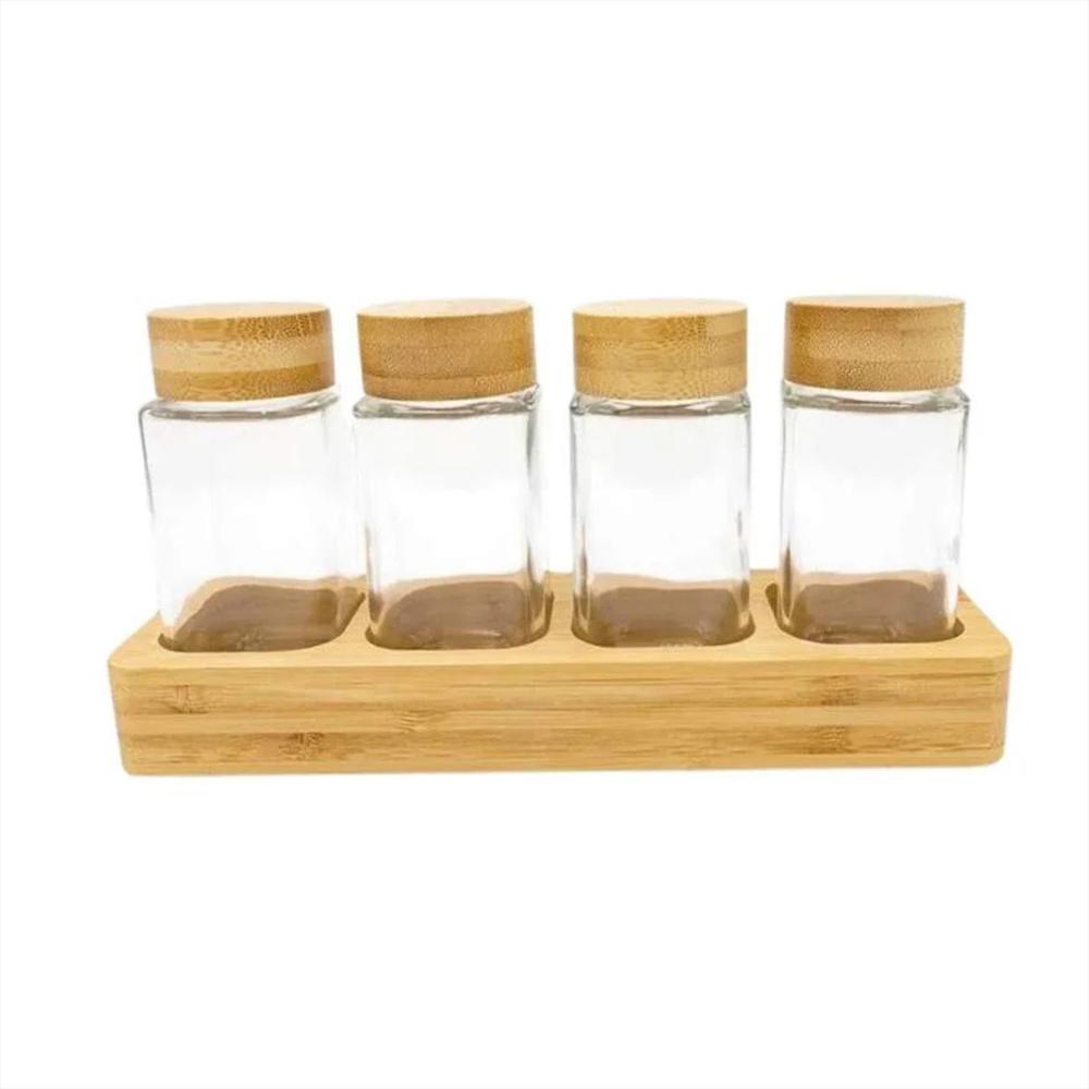 Rack Para Especias X 4 Recipientes De 100 Ml De Vidrio Con Base Y Tapa En Madera img #1