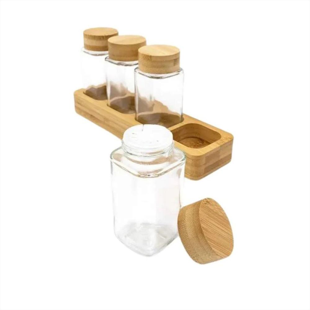 Rack Para Especias X 4 Recipientes De 100 Ml De Vidrio Con Base Y Tapa En Madera img #2