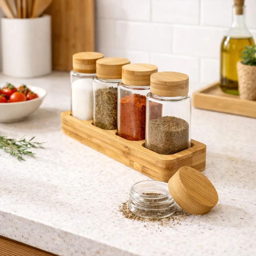 Rack Para Especias X 4 Recipientes De 100 Ml De Vidrio Con Base Y Tapa En Madera img #3