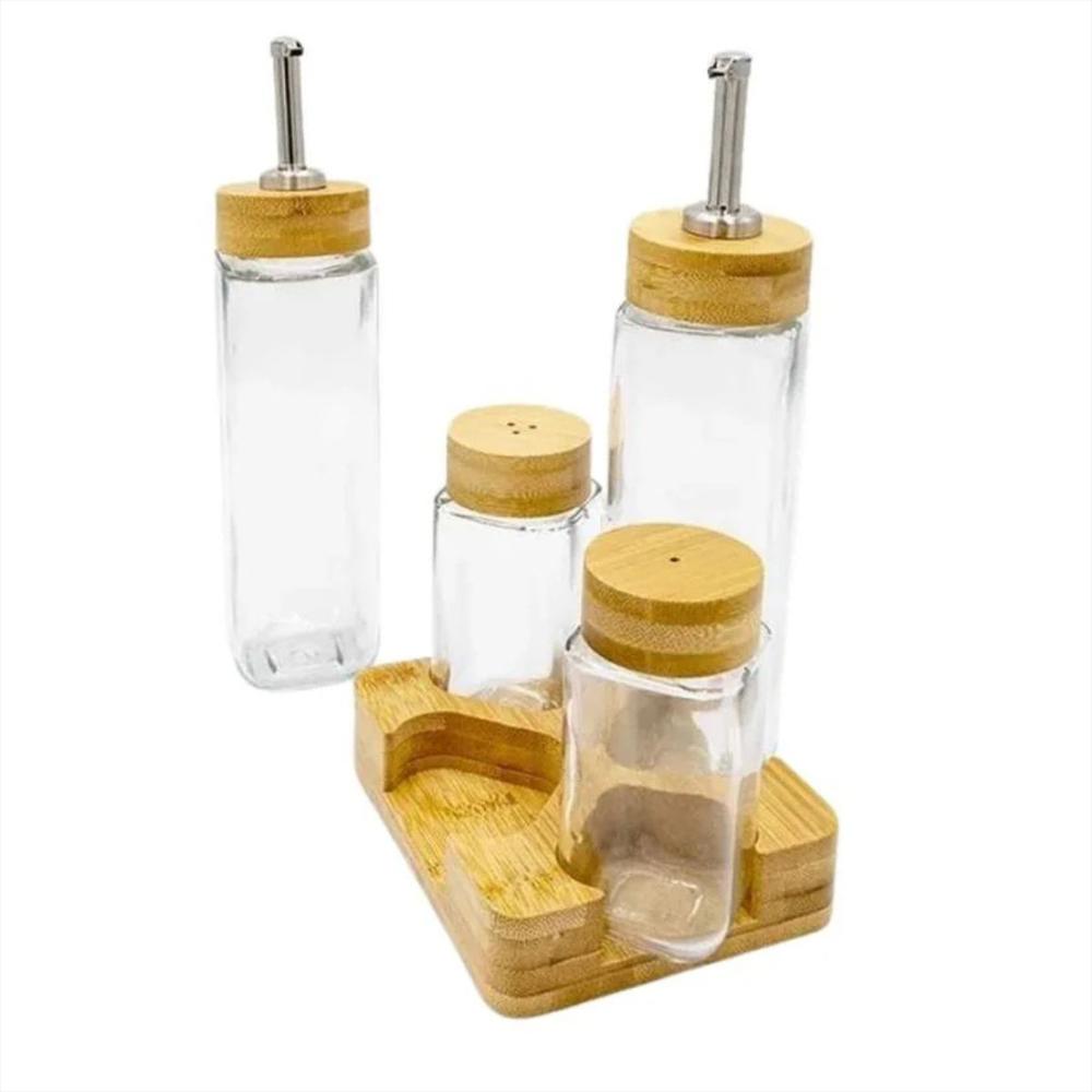 Set De Recipientes En Vidrio Para Condimentar Ensalada Con Base De Madera img #1