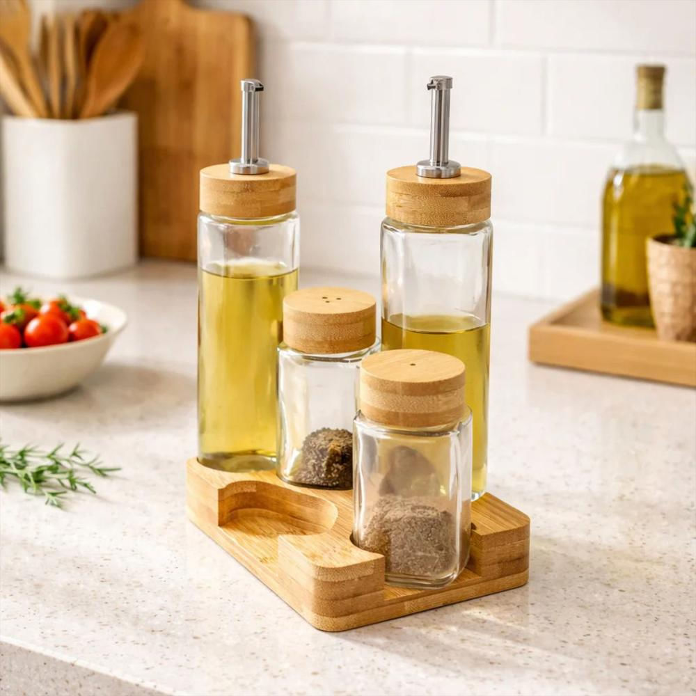Set De Recipientes En Vidrio Para Condimentar Ensalada Con Base De Madera img #2