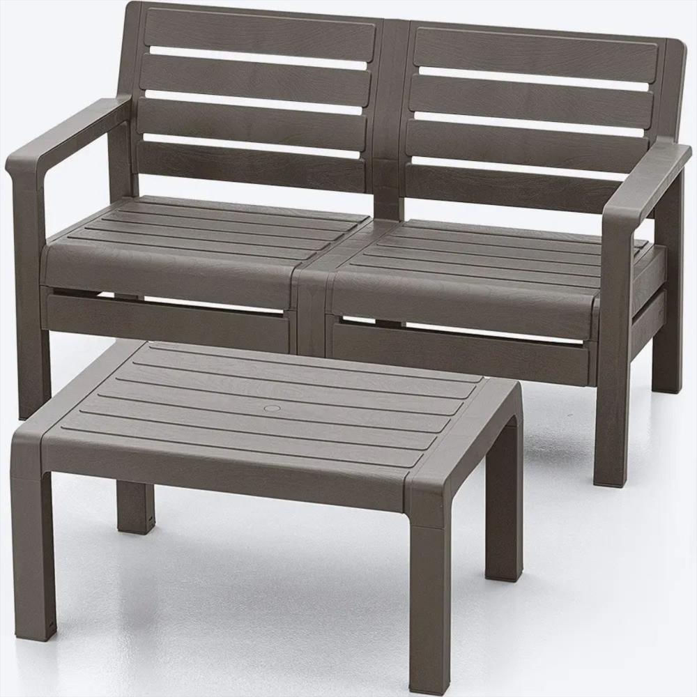Juego De Sala En Plastico Para Exteriores De Sofá Doble Puesto Mas Mesa Rectangular Color Mocca img #1