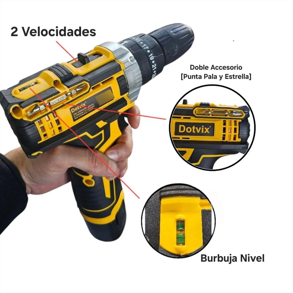 Taladro Inalambrido Kit Doble Batería 18V 27 Piezas Base De Carga Dot 18V D img #2