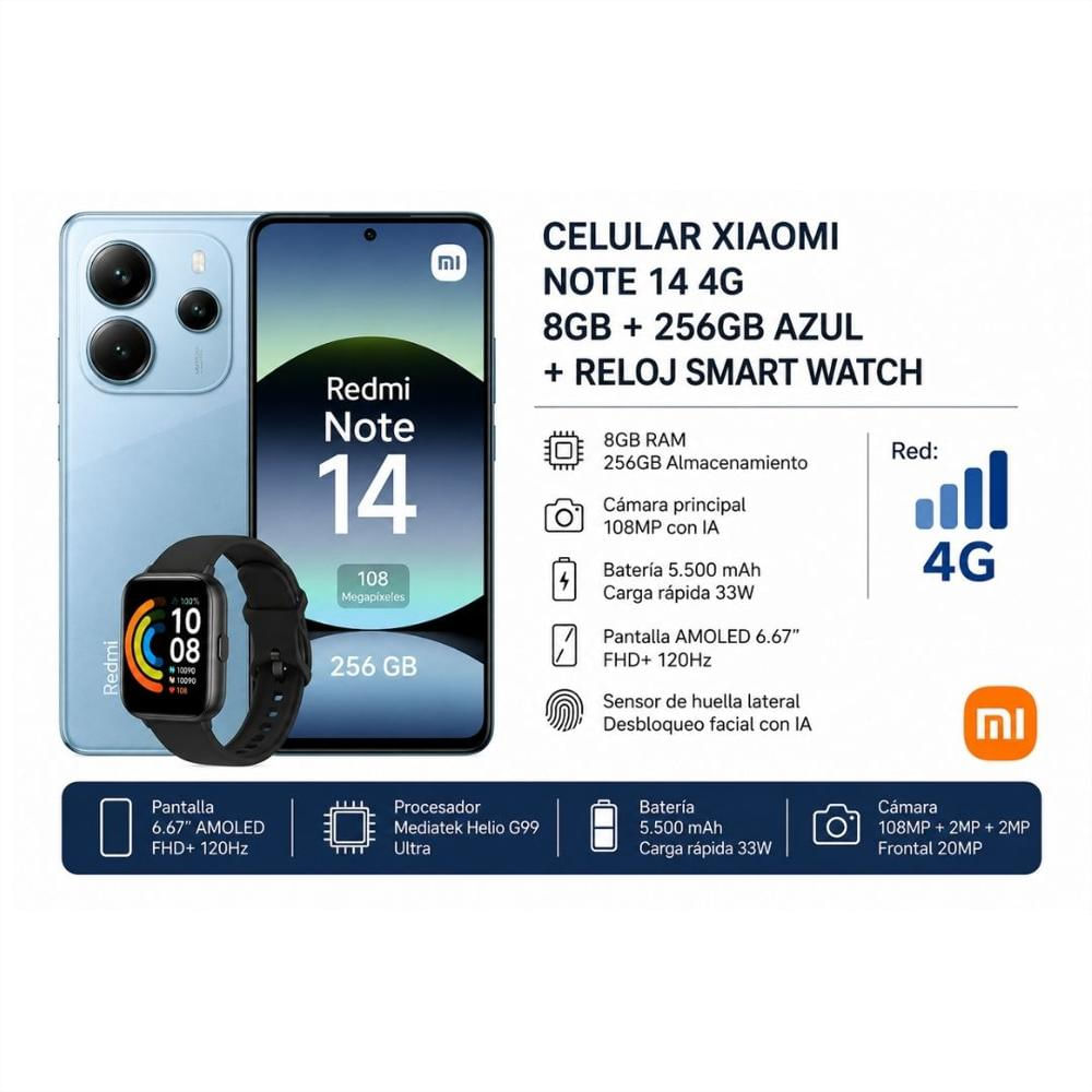 Combo Celular Xiaomi Note 14 256Gb 8 Gb Ram Azul +Reloj Smart Watch img #3