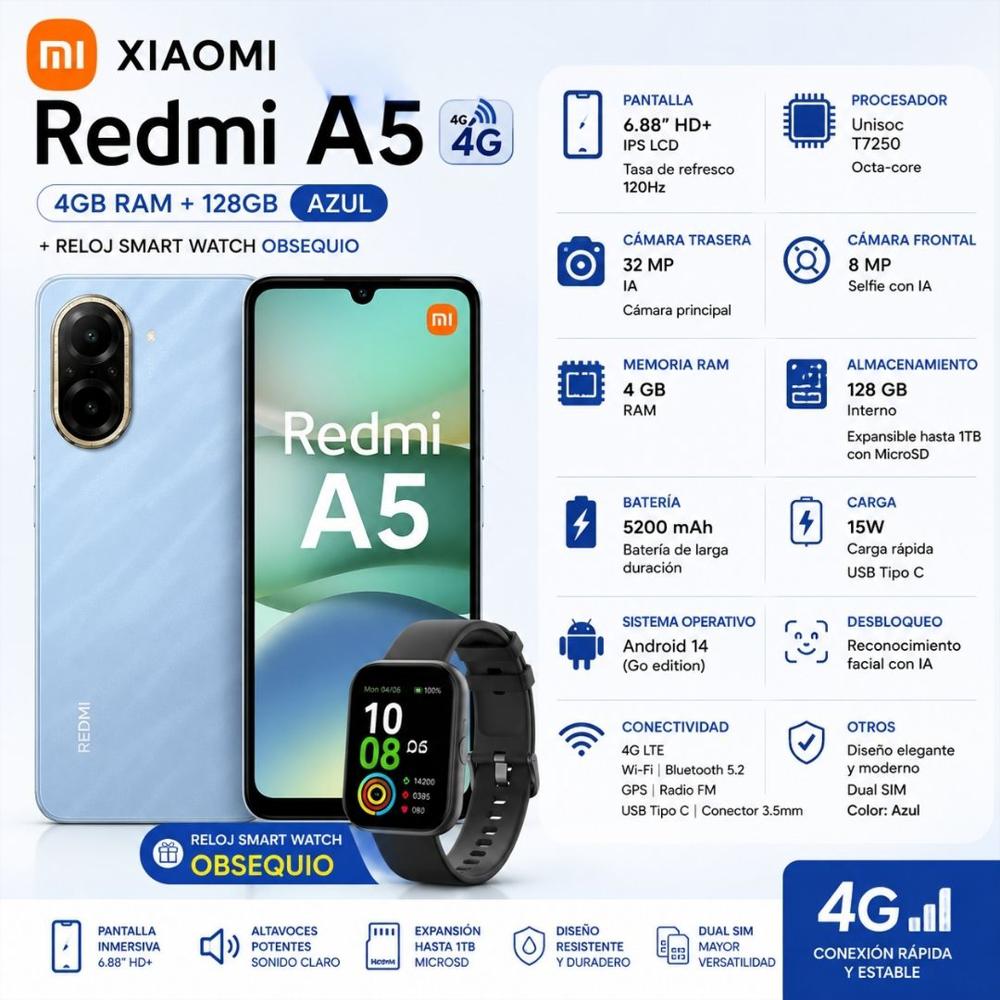 Combo Celular Xiaomi Redmi A5 128Gb 4 Gb Ram Azul + Reloj Smart Watch img #3