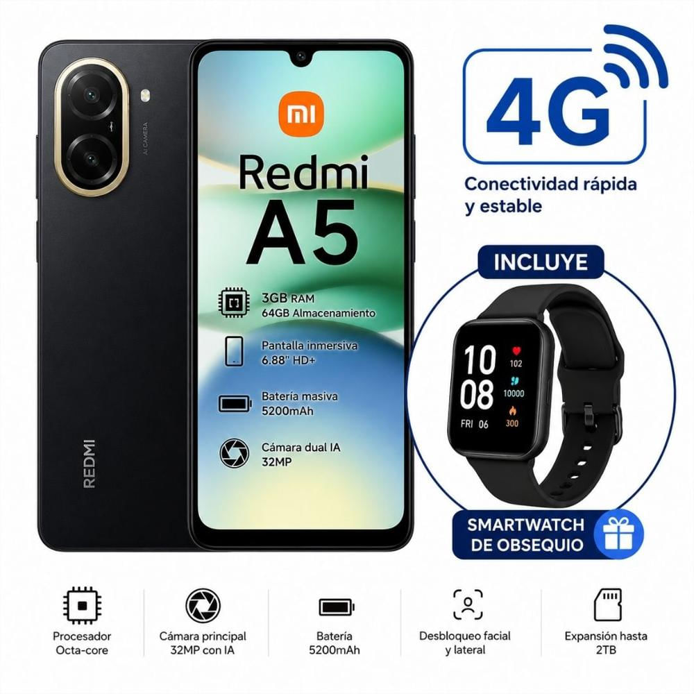 Combo Celular Xiaomi Redmi A5 64Gb 3 Gb Ram Negro + Reloj Smart Watch img #3