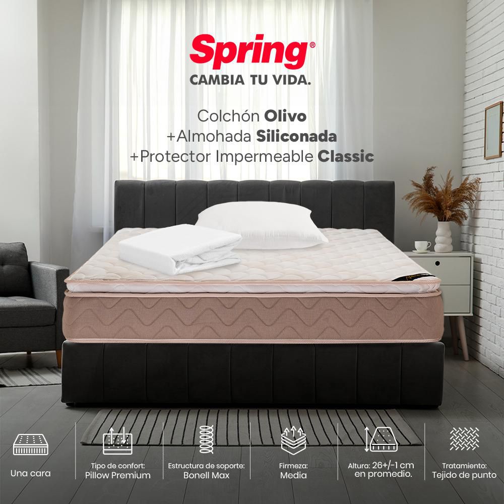 Colchón SPRING Semidoble (120 x 190 cm) COL OLIVO+SET ALM SIL+PROT CLASSIC IMP Resortado Semifirme img #1