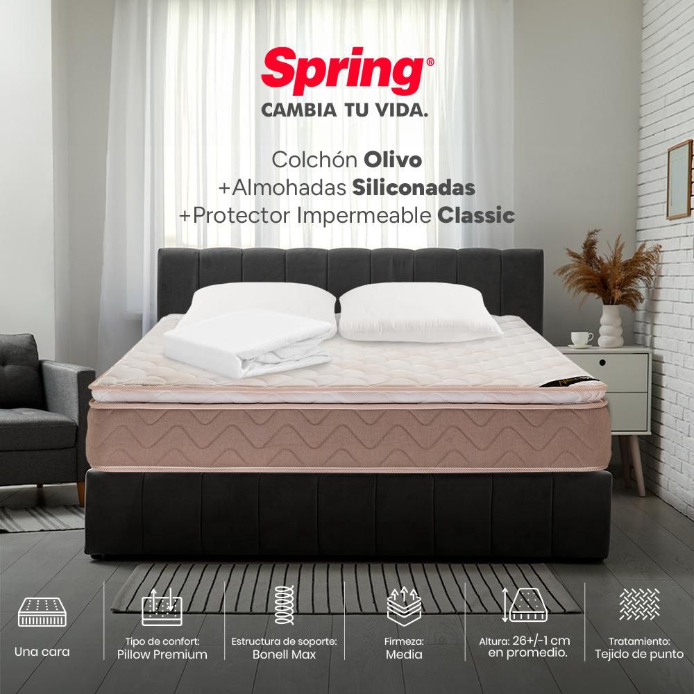 Colchón SPRING Doble (140 x 190 cm) COL OLIVO+SET ALM SIL+PROT CLASSIC IMP Resortado Semifirme img #1