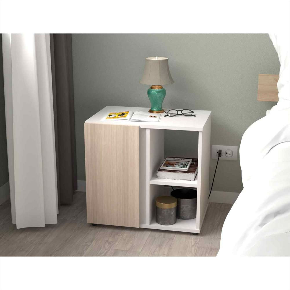 Mesa De Noche Blanco Y Arena 53X49cm Con Dos Compartimientos Y Con Una Puerta img #2