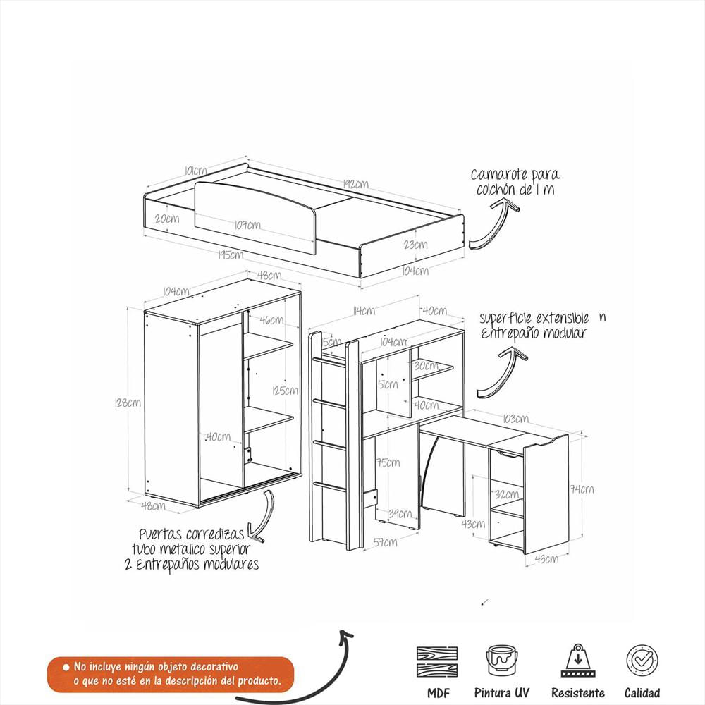 Camarote Multifuncional Con Closet Repisa Y Escritorio Extensible Duna img #3