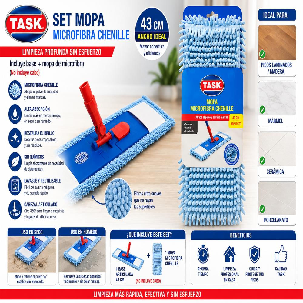 Set Mopa 43 Cm Con Base Incluye Mopa Microfibra Y Mopa Chenille Sin Cabo Task img #2