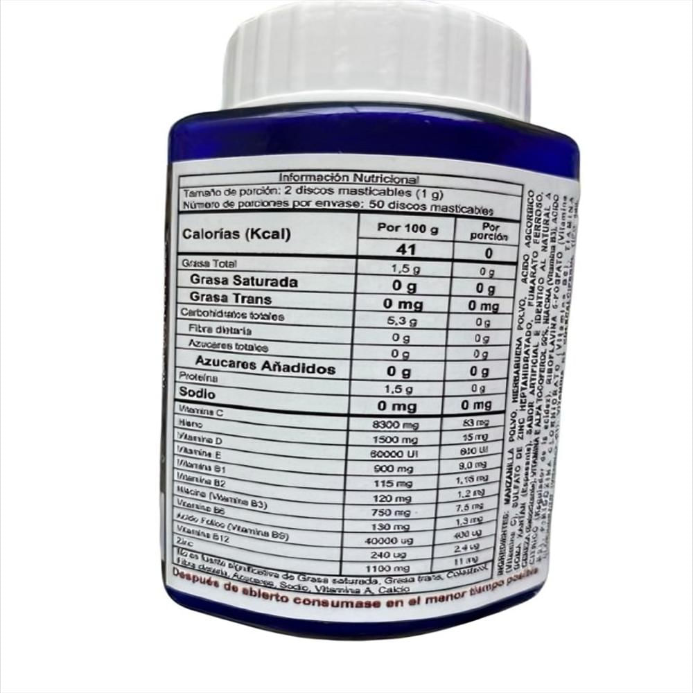 Complejo B1, B2, B3, B6, B9, B12 100 Discos Masticables A Base De Hierbas Aromáticas img #2