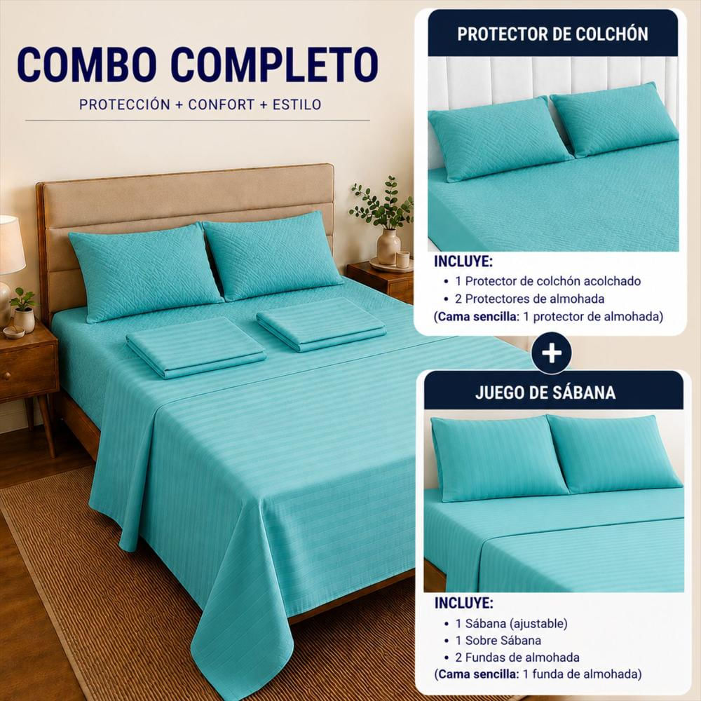 Combo Protector Colchon + Juego De Sábanas Semidoble Turquesa img #3