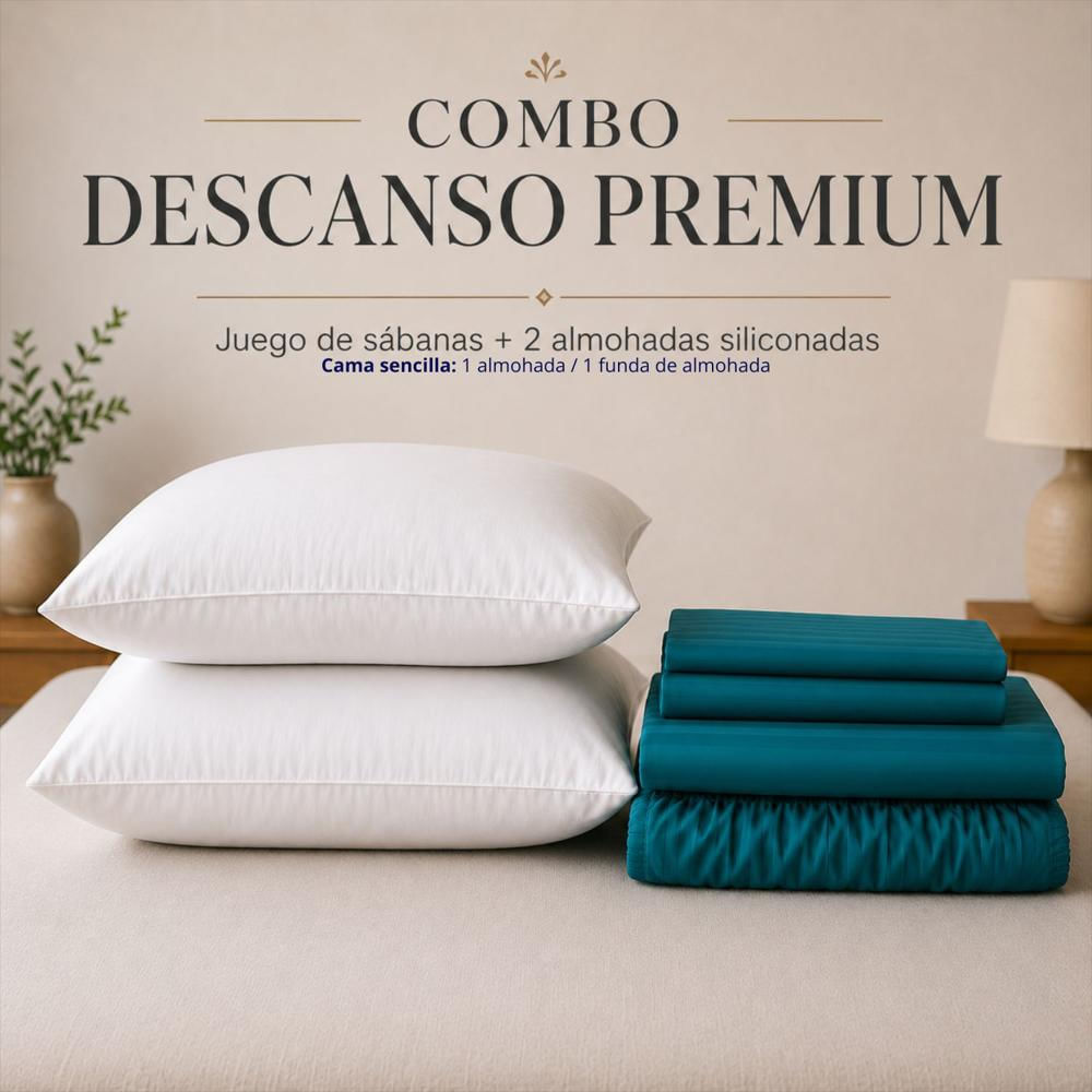 Combo Juego De Sábanas + 2 Almohadas Siliconadas Semidoble Turquesa img #4