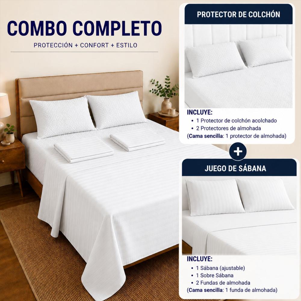 Combo Protector Colchon + Juego De Sábanas Queen Blanco img #3