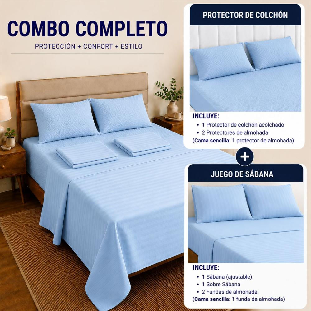 Combo Protector Colchon + Juego De Sábanas Sencilla Celeste img #3