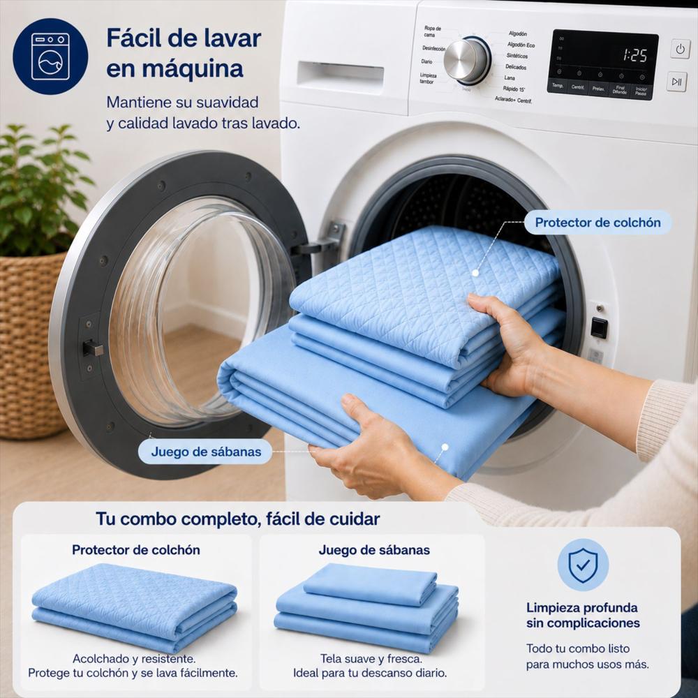 Combo Protector Colchon + Juego De Sábanas Sencilla Celeste img #4