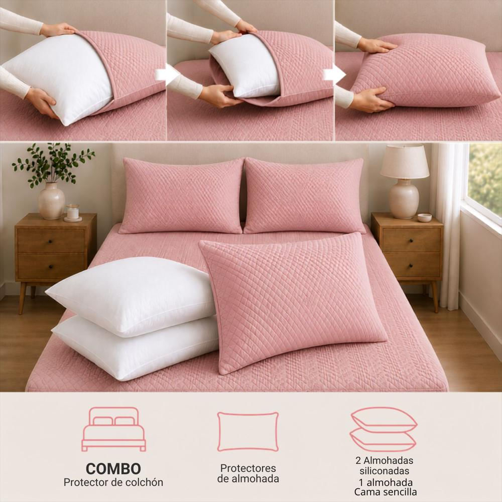 Combo Protector Colchon + 2 Almohadas Siliconadas Queen Rosado img #4