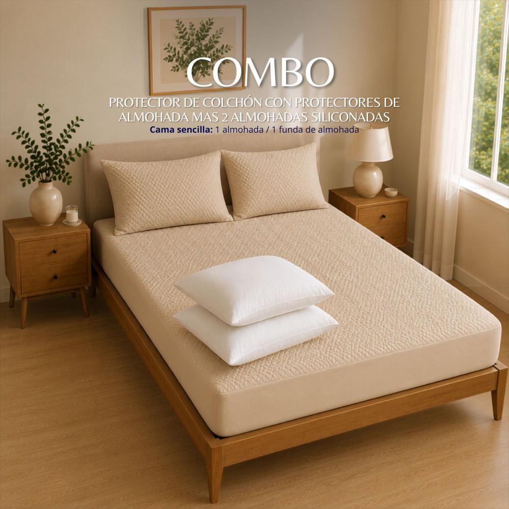 Combo Protector Colchon + 1 Almohada Siliconada Sencillo Beige img #2