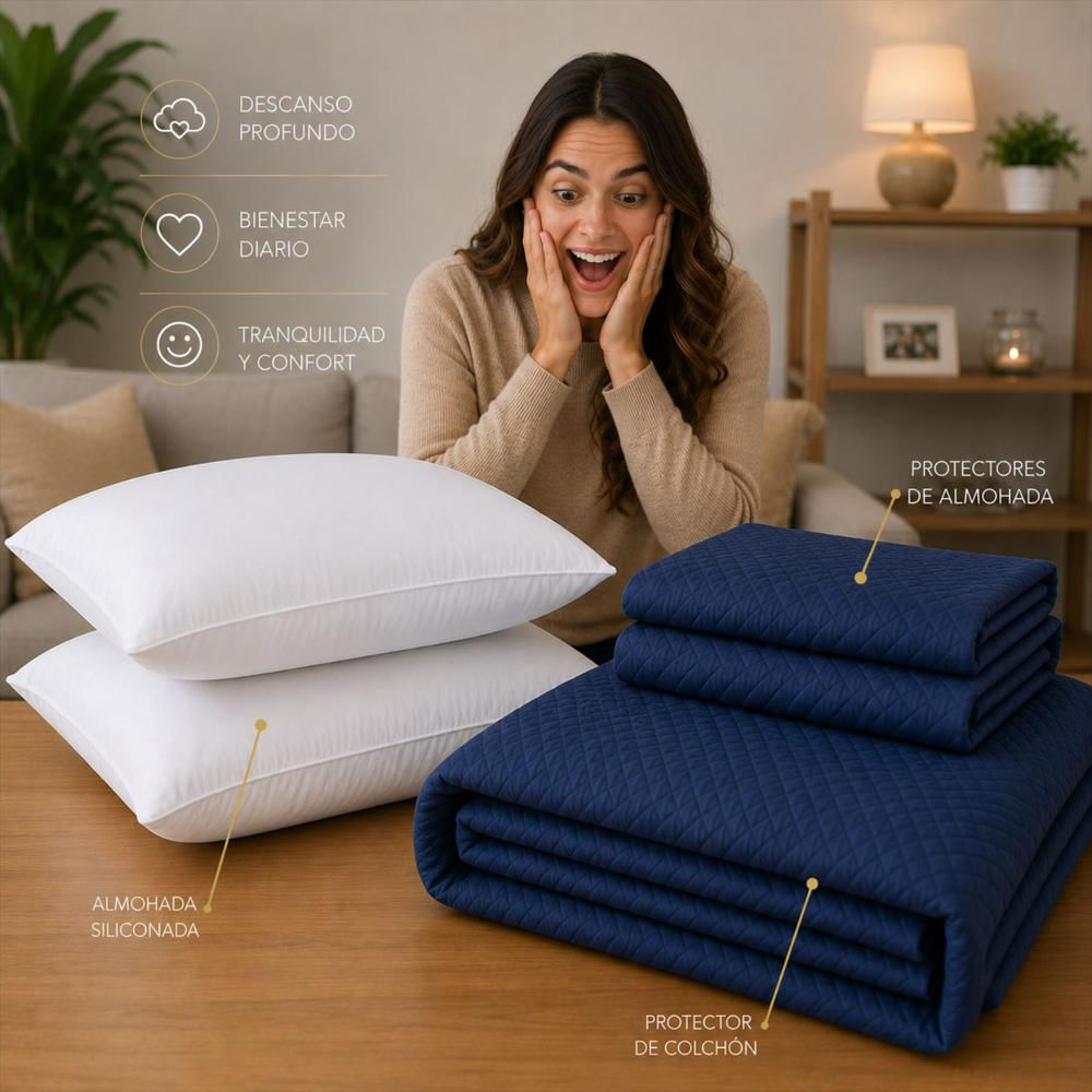 Combo Protector Colchon + 2 Almohadas Siliconadas Queen Azul img #3