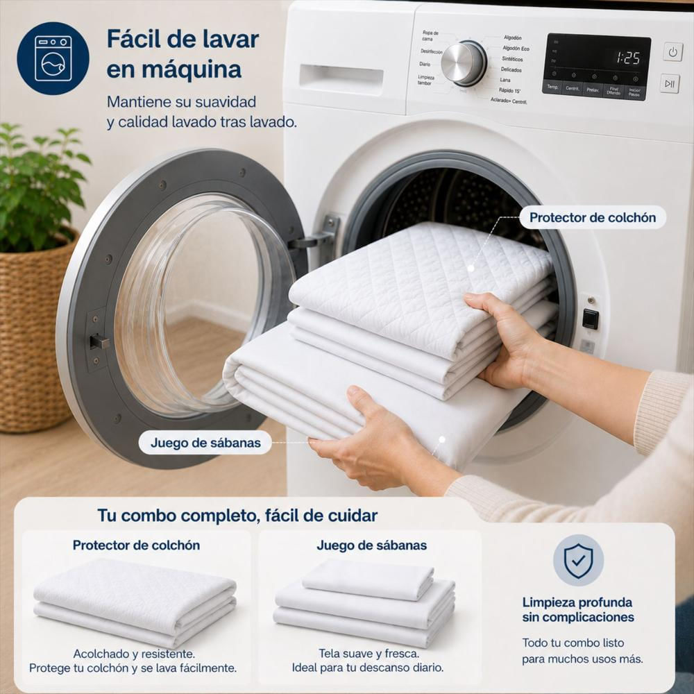 Combo Protector Colchon + Juego De Sábanas Doble Blanco img #4