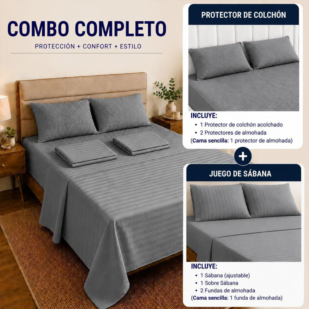 Combo Protector Colchon + Juego De Sábanas Semidoble Gris img #3