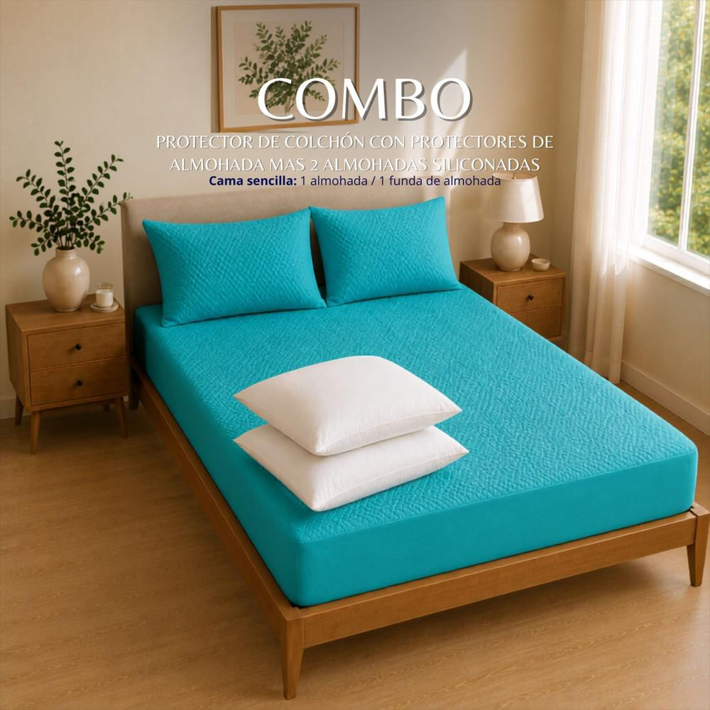 Combo Protector Colchon + 2 Almohadas Siliconadas Doble Turquesa img #2