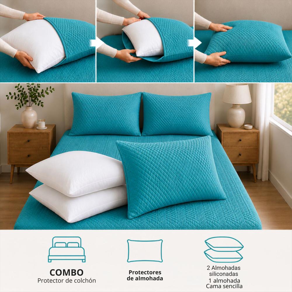 Combo Protector Colchon + 2 Almohadas Siliconadas Doble Turquesa img #4