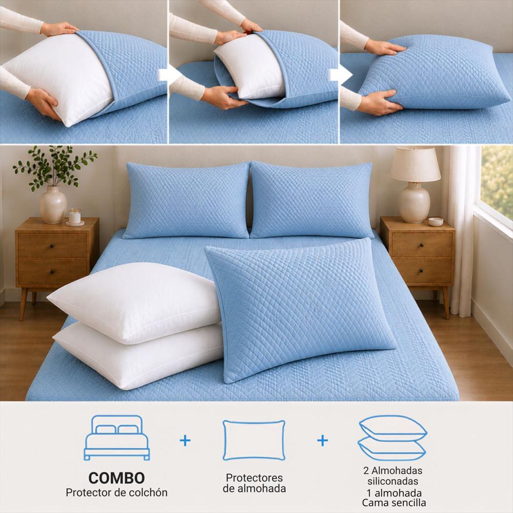 Combo Protector Colchon + 2 Almohadas Siliconadas King Celeste img #4
