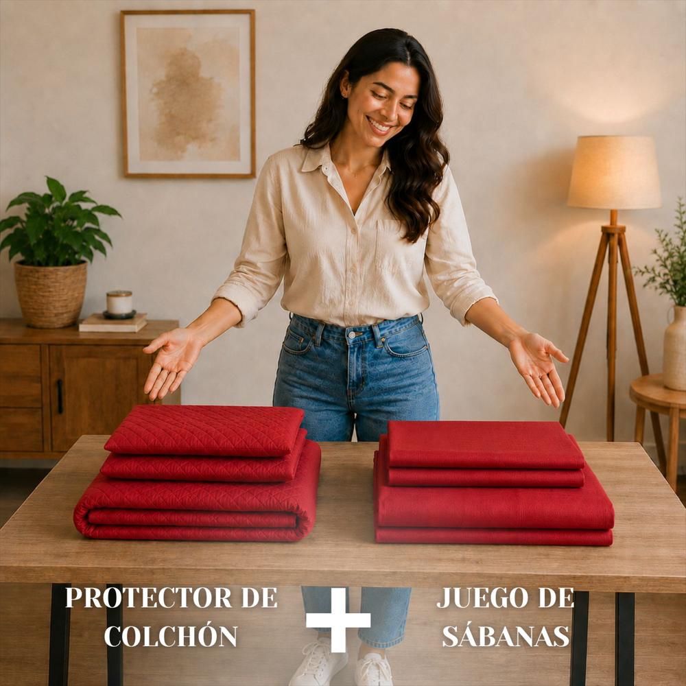 Combo Protector Colchon + Juego De Sábanas Semidoble Rojo img #2