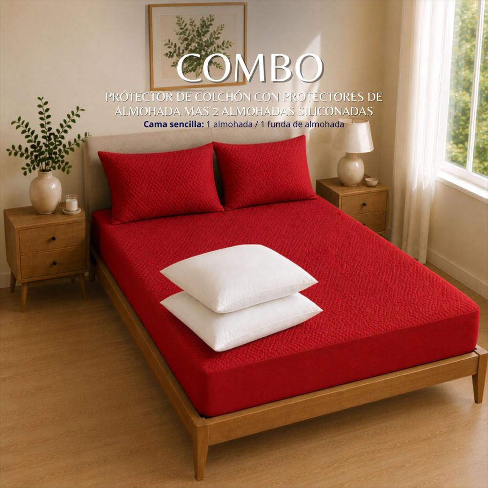 Combo Protector Colchon + 2 Almohadas Siliconadas King Rojo img #2