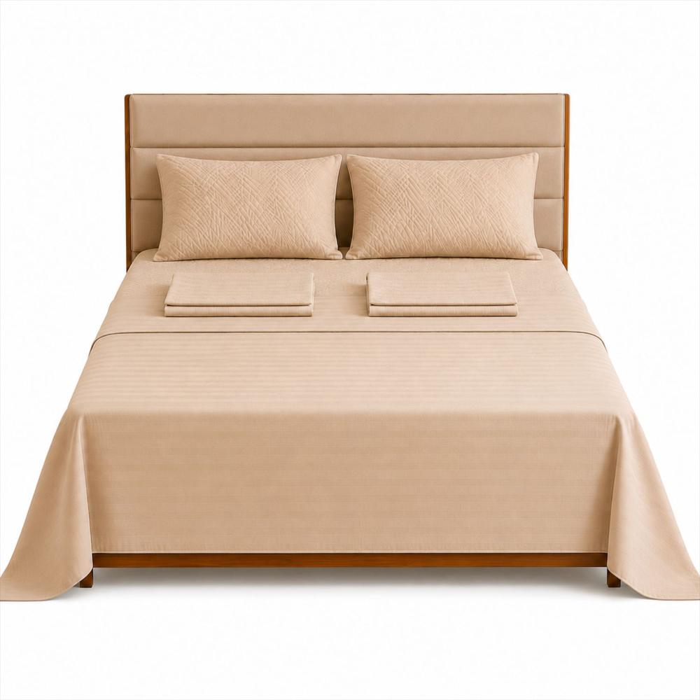 Combo Protector Colchon + Juego De Sábanas King Beige img #1