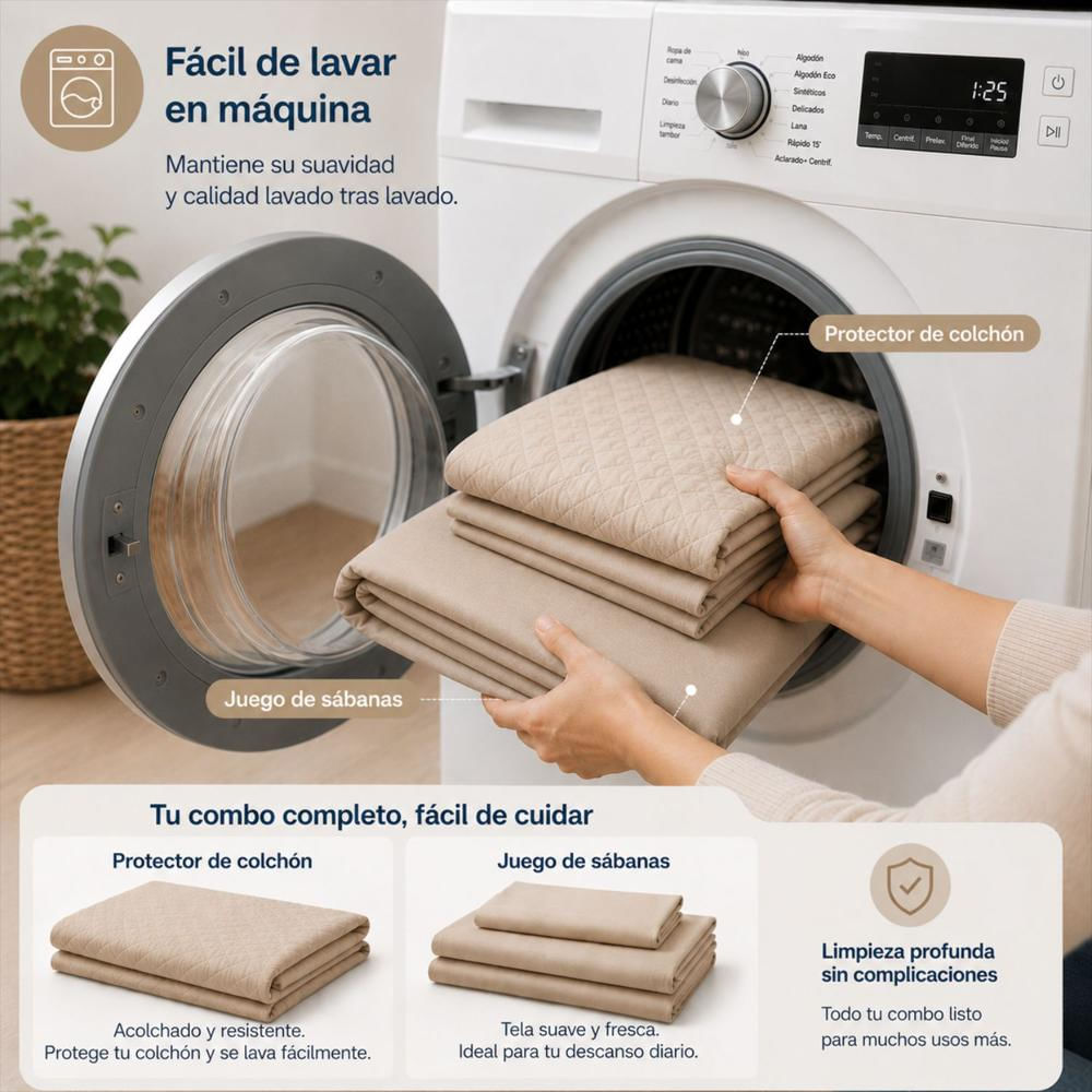 Combo Protector Colchon + Juego De Sábanas King Beige img #4