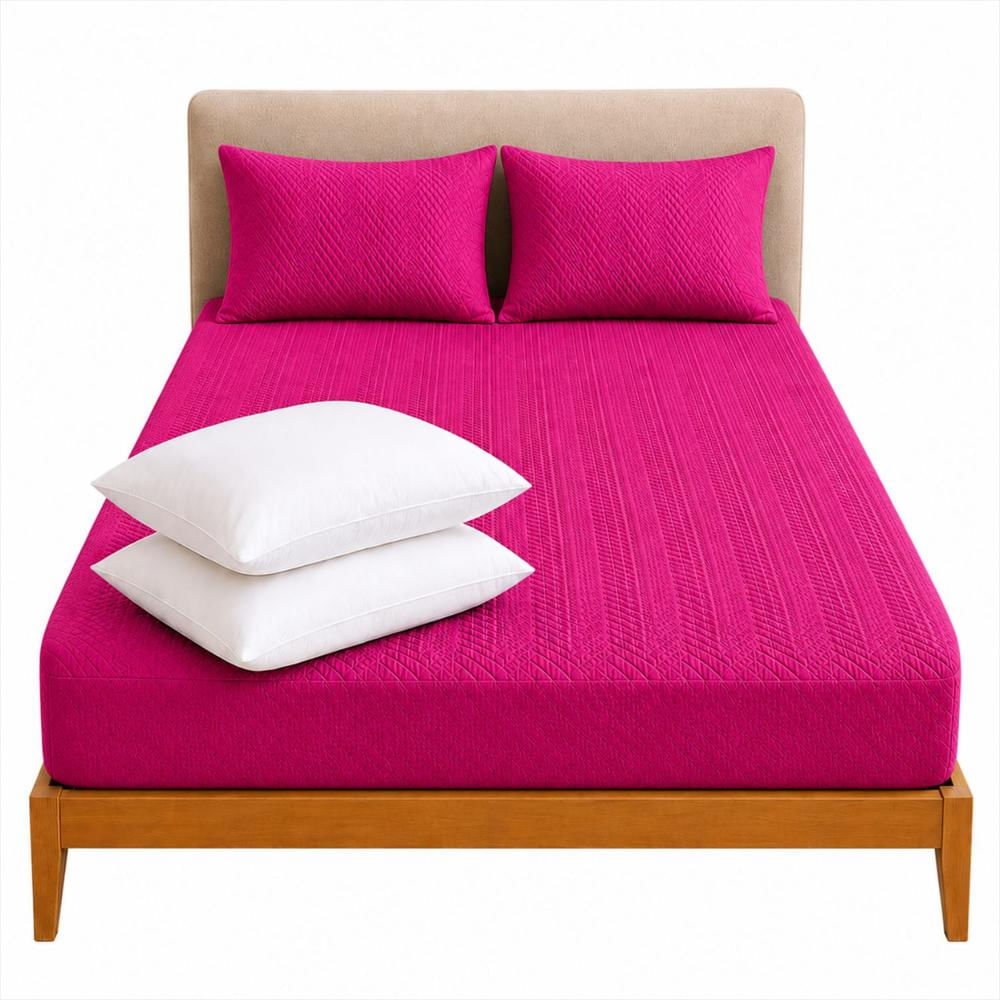 Combo Protector Colchon + 2 Almohadas Siliconadas Doble Fucsia img #1