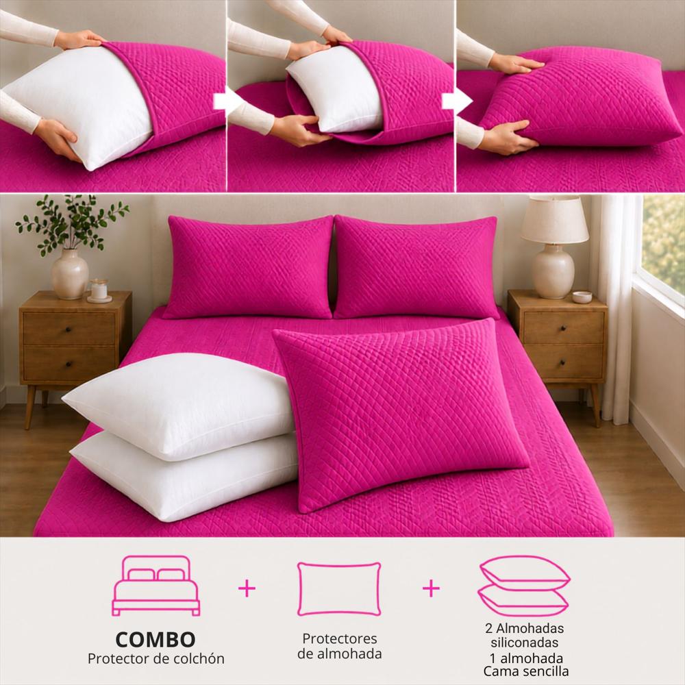 Combo Protector Colchon + 2 Almohadas Siliconadas Doble Fucsia img #4