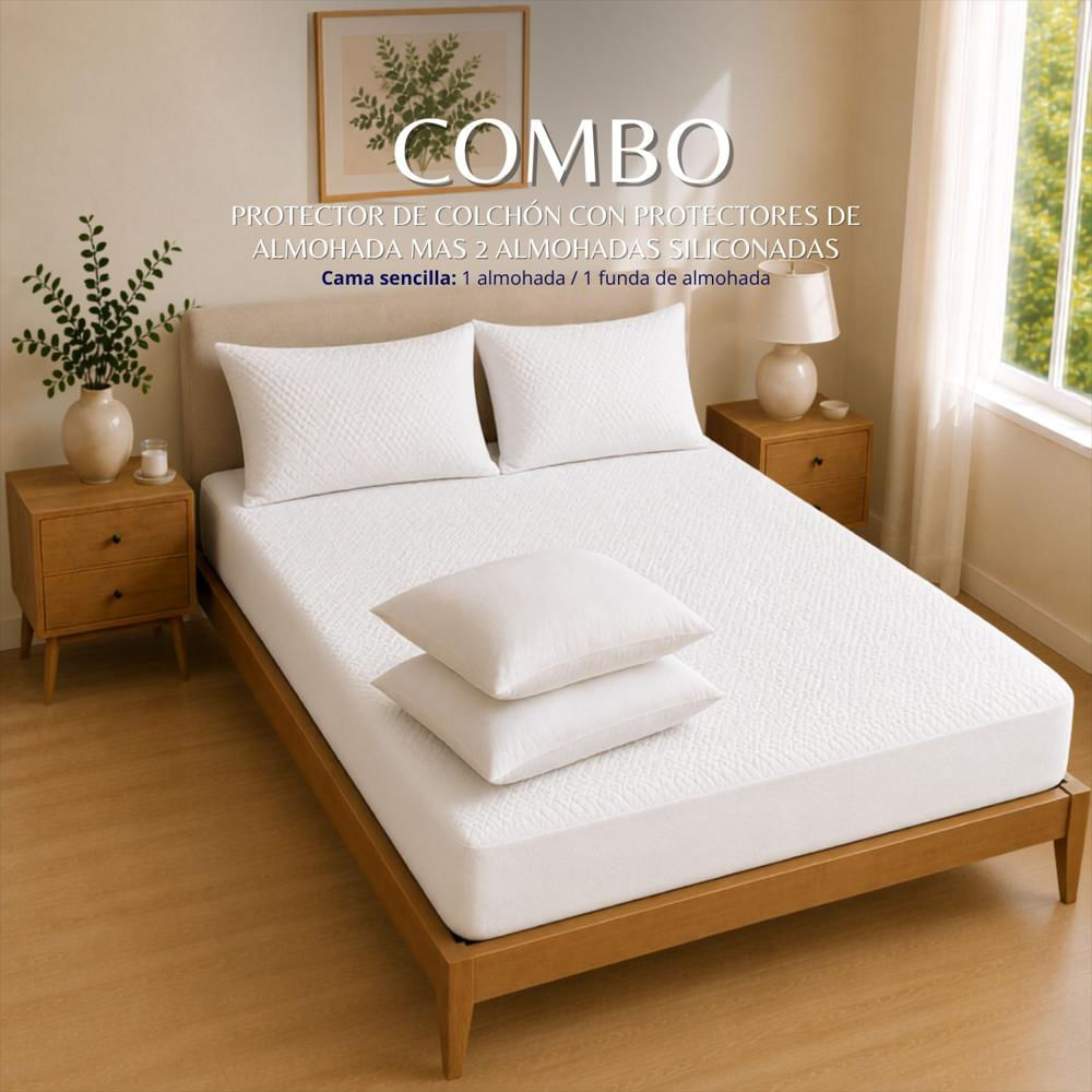 Combo Protector Colchon + 2 Almohadas Siliconadas Semidoble Blanco img #2