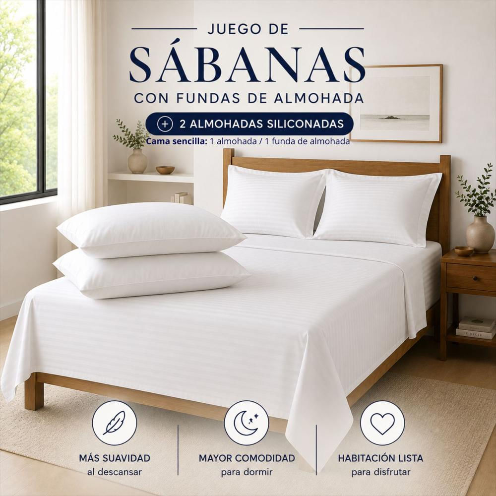 Combo Juego De Sábanas + 2 Almohadas Siliconadas Doble Blanco img #2