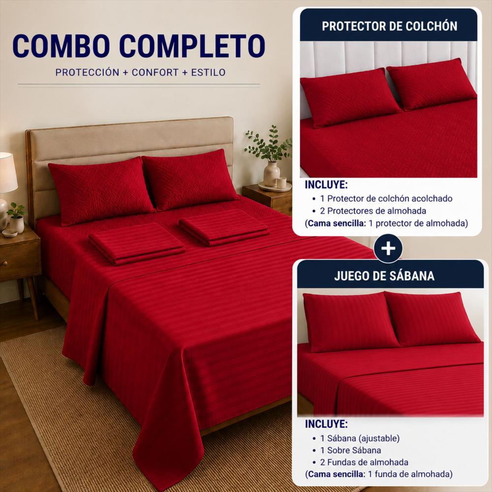 Combo Protector Colchon + Juego De Sábanas King Rojo img #3