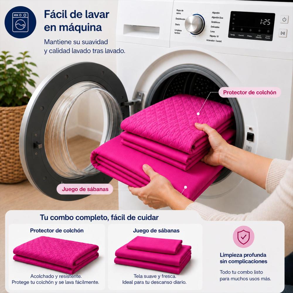 Combo Protector Colchon + Juego De Sábanas Doble Fucsia img #4