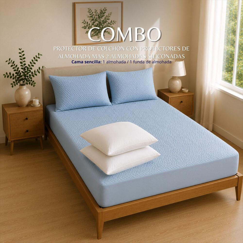 Combo Protector Colchon + 1 Almohada Siliconada Sencillo Celeste img #2