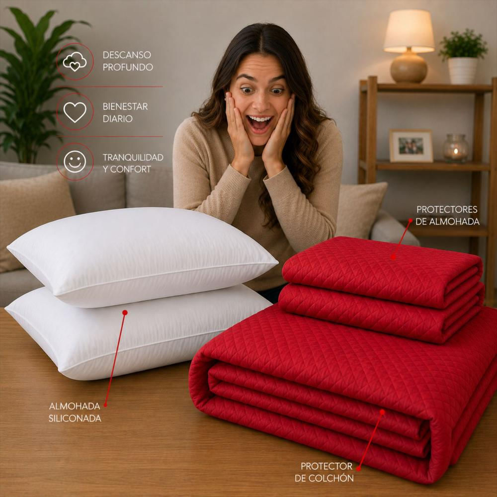 Combo Protector Colchon + 1 Almohada Siliconada Sencillo Rojo img #3