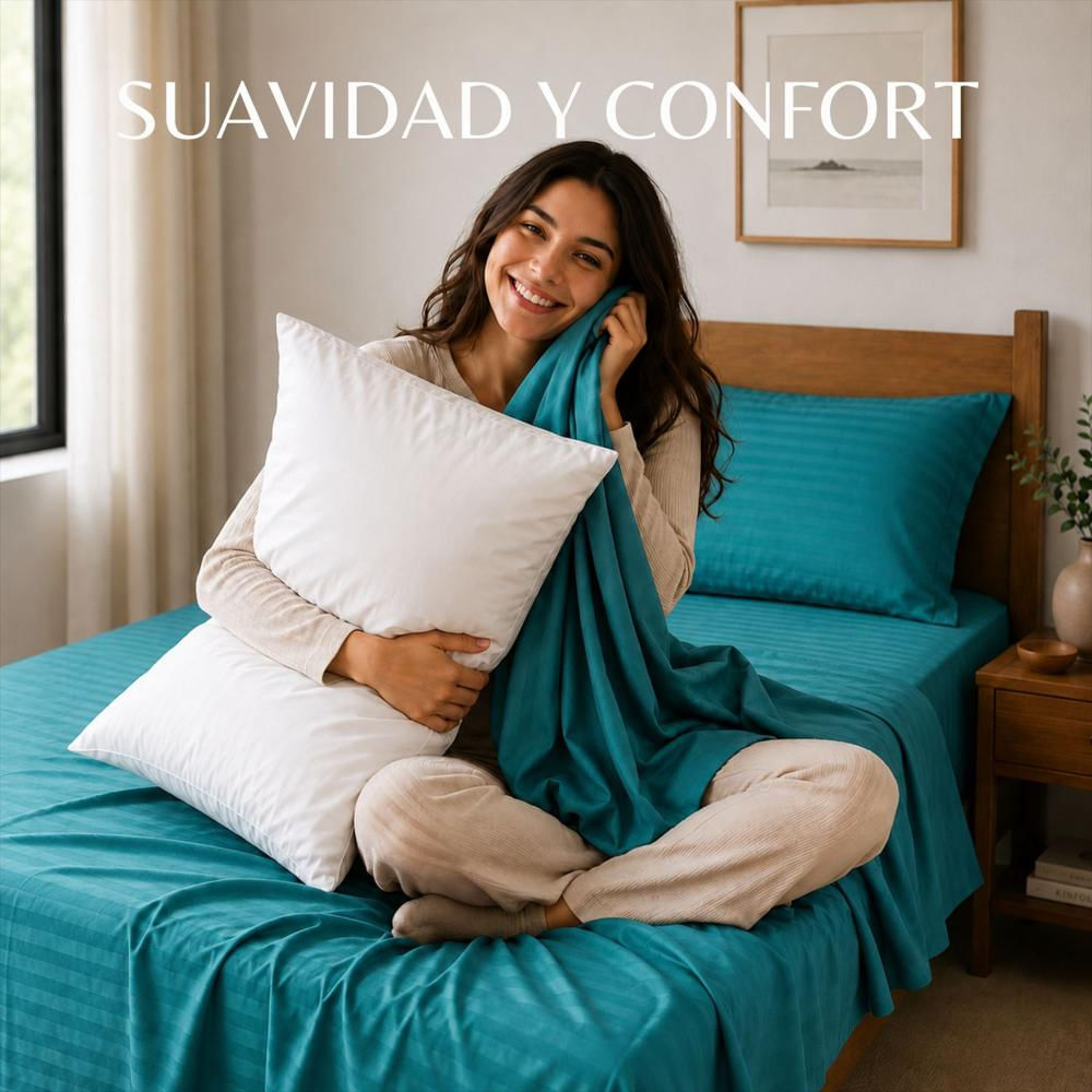 Combo Juego De Sábanas + 2 Almohadas Siliconadas King Turquesa img #3