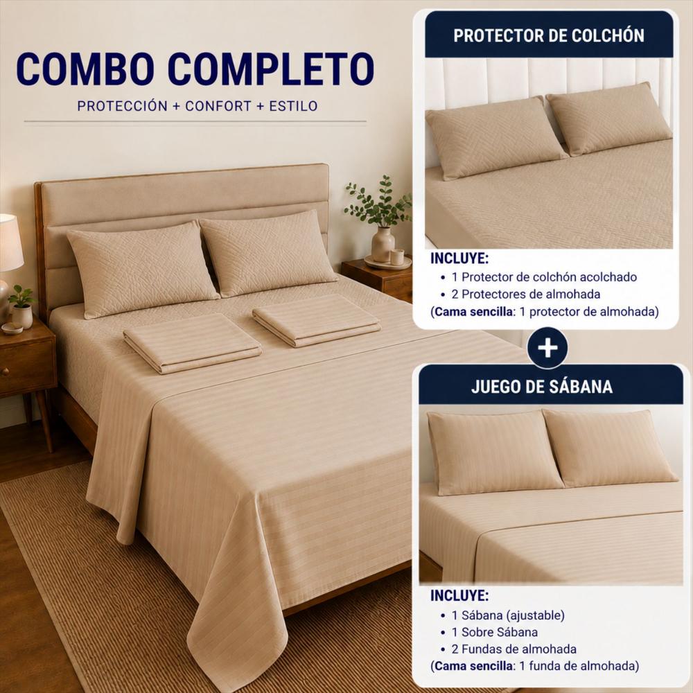 Combo Protector Colchon + Juego De Sábanas Semidoble Beige img #3