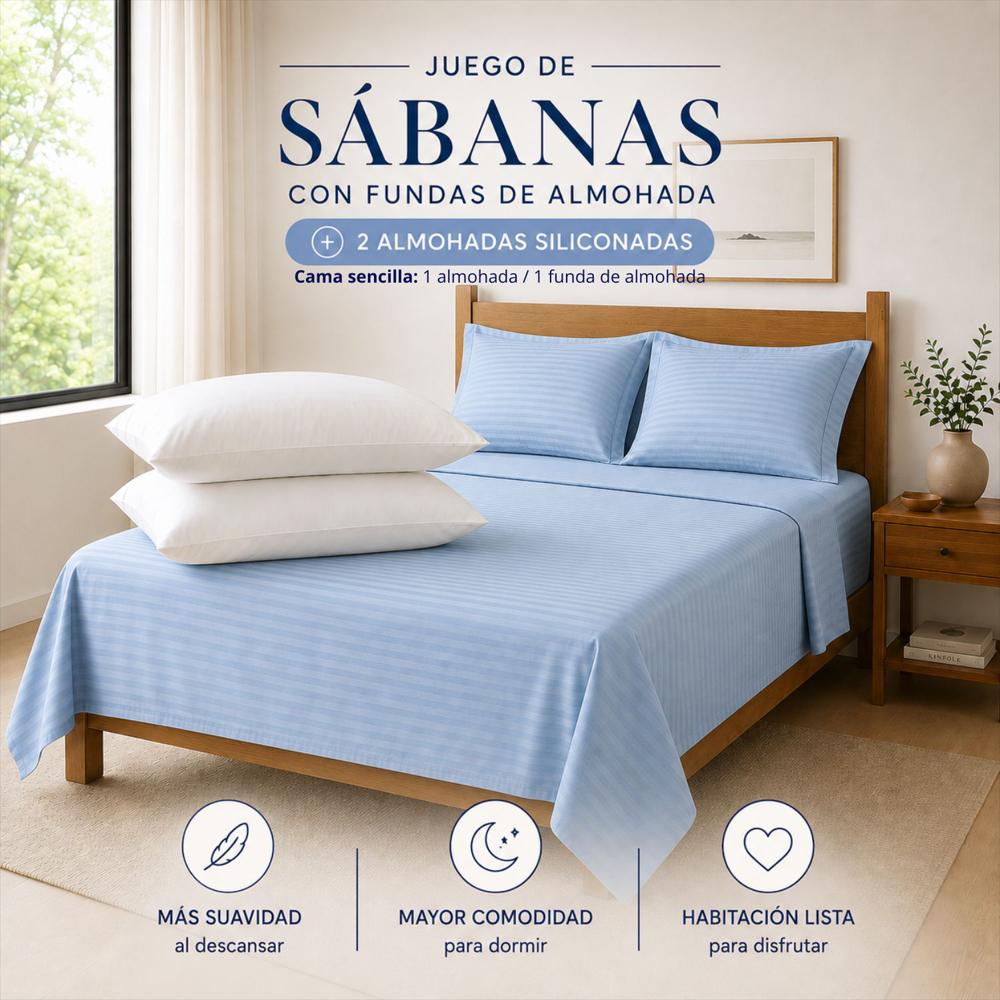 Combo Juego De Sábanas + 2 Almohadas Siliconadas King Celeste img #2